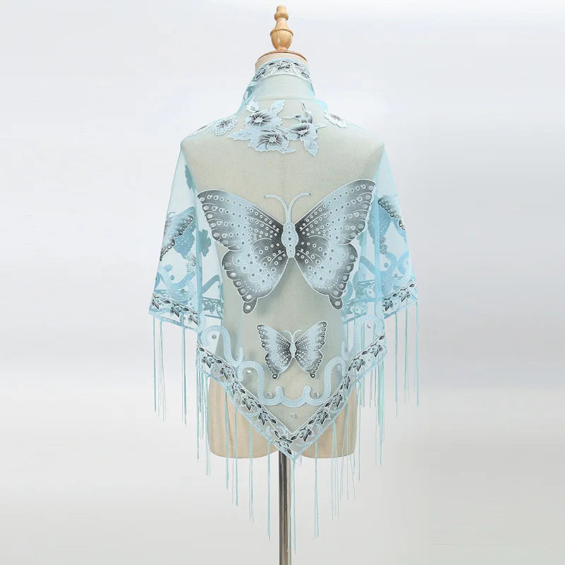 New Women Lace Tassel Triangular Scarf Solid Hollow-out Butterfly Embroidery Scarves Soft Lady Shawl Foulard Party Wrap Shawls