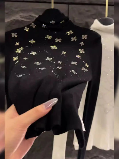 Luxury Style Diamonds Hot Drilling Turtleneck Slim Fit Black Sweater for Women Autumn/Winter Knitwear Pullovers Femme Clothing
