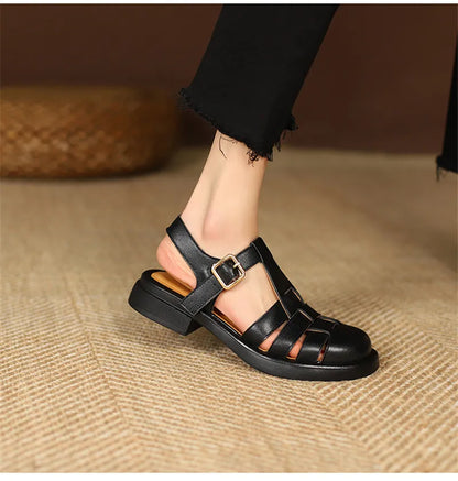 2023 Women Sandals Retro Genuine Leather Luxury Roman Sandals Casual Buckle Strap Summer Shoes GLADIATOR Thick Heel Women Shoes
