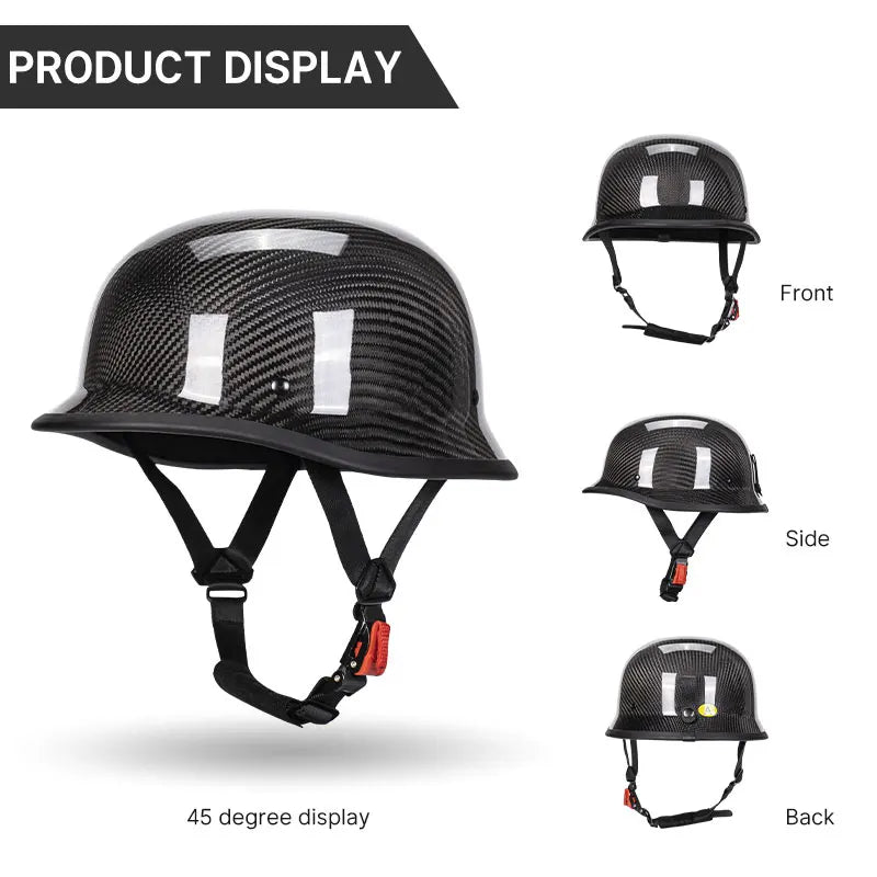 Bright Black Real 3K Carbon Fiber Helmet Retro Men's Motorcycle Helmet German Style Soldier Helmet Retro Cruiser DOT ECE