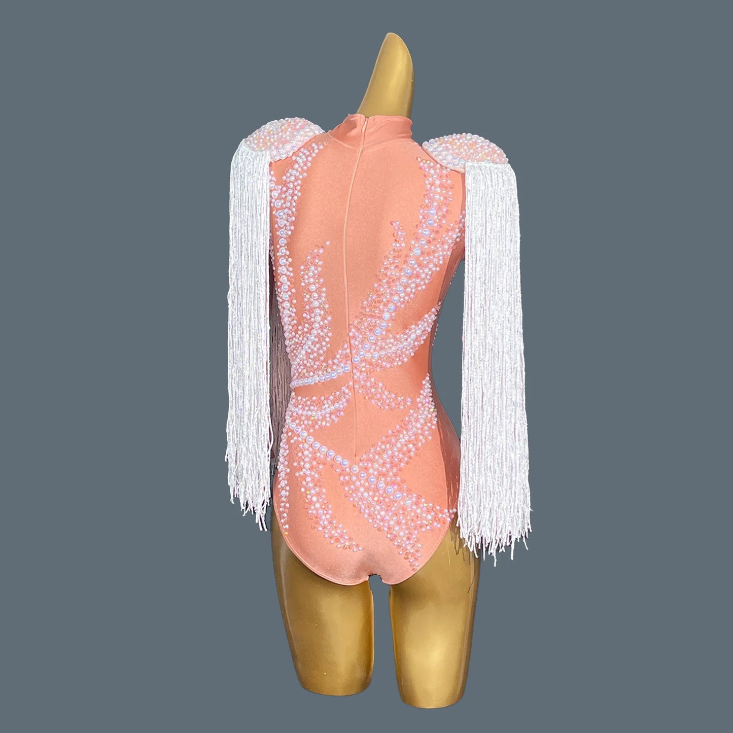 Luxury Rhinestones Pink Spandex Bodysuit Sexy Diamond Beaded Tassel Birthday Party Stage Show Leotard Singer Wear Jianzhangliusu