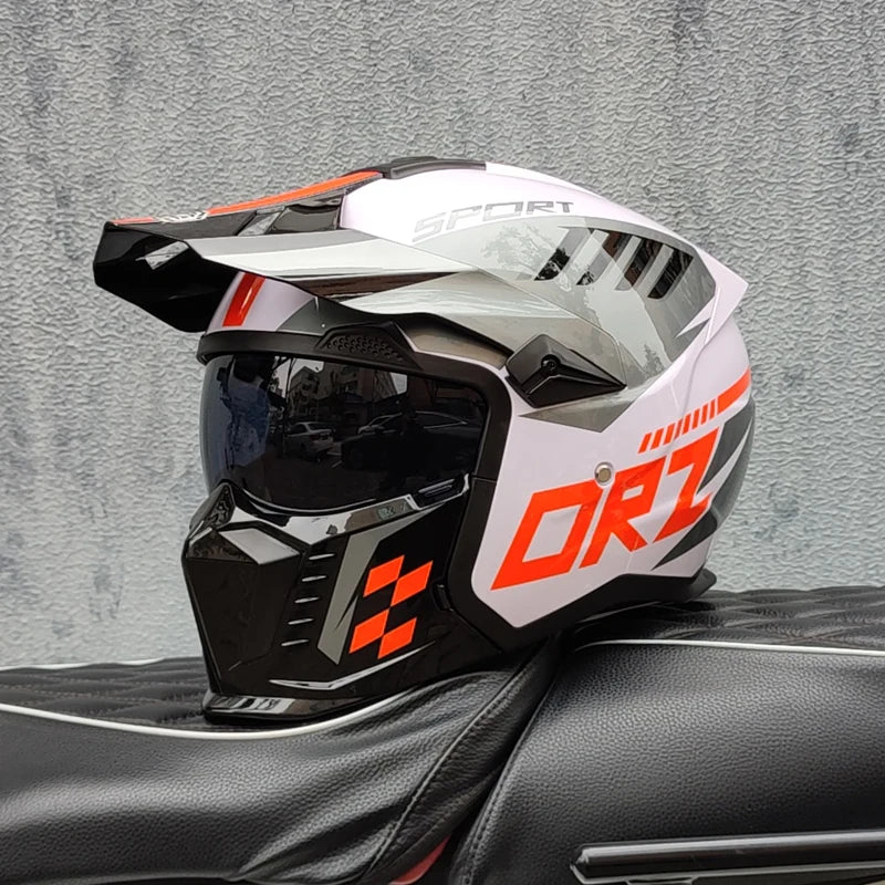 ORZ Street Fighter Combination Helmet Motorcycle Helmet Men's and Women's Retro Full Helmet Four Seasons Detachable DOT