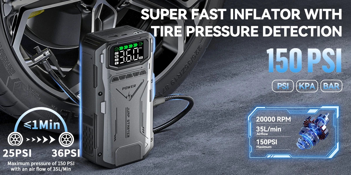 Portable Car Jump Starter With Air Compressor, 5000A Peak(7.5L Gas, 6.0L Diesel) , Jump Starter Battery PackWith150 PSl Tire Inf