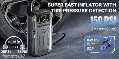 Portable Car Jump Starter With Air Compressor, 5000A Peak(7.5L Gas, 6.0L Diesel) , Jump Starter Battery PackWith150 PSl Tire Inf