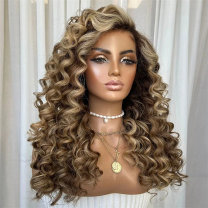 Lace Front Deep Curly Synthetic Wig for Women Dark Brown Glueless Lace Wig Heat Resistant Fiber Pre Plucked Hairline Party Daily