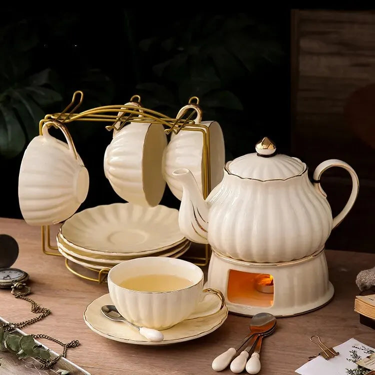 British Handle Ceramic Glass Teapot With Candle Heating Base Set European Porcelain Coffee Pot Afternoon Tea Home Decoration