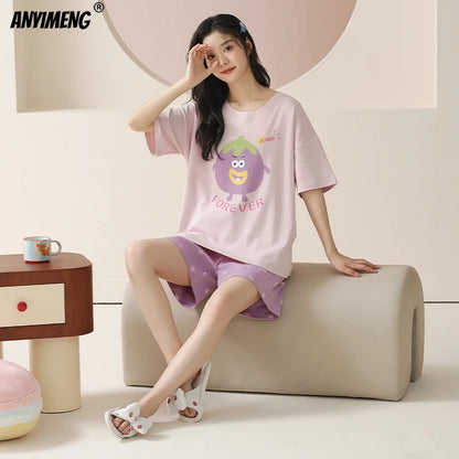 100% Pure Cotton Women Pajamas Summer Cartoon Print Pijamas Girls Nightwear Homewear Short Sleeve Sleepwear O-neck Loungewear
