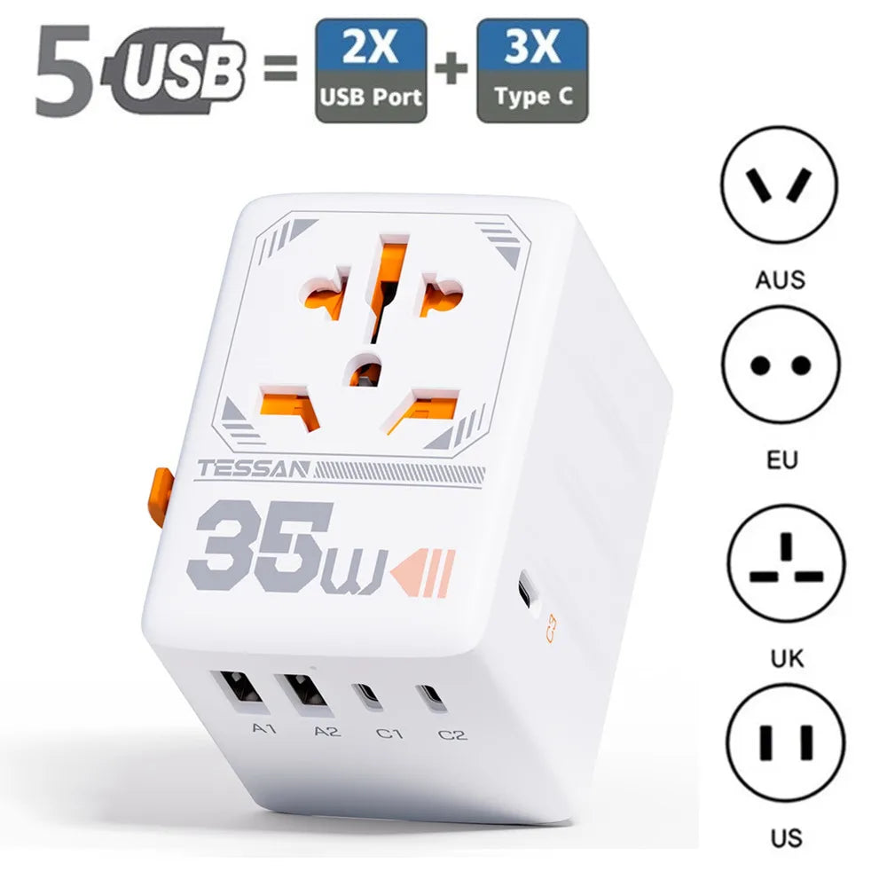 TESSAN 35W/65W/100W GaN Universal Travel Adapter with USB Ports Type C Fast Charging Power Adapter EU/UK/USA/AUS Plug for Travel