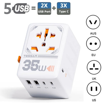 TESSAN 35W/65W/100W GaN Universal Travel Adapter with USB Ports Type C Fast Charging Power Adapter EU/UK/USA/AUS Plug for Travel