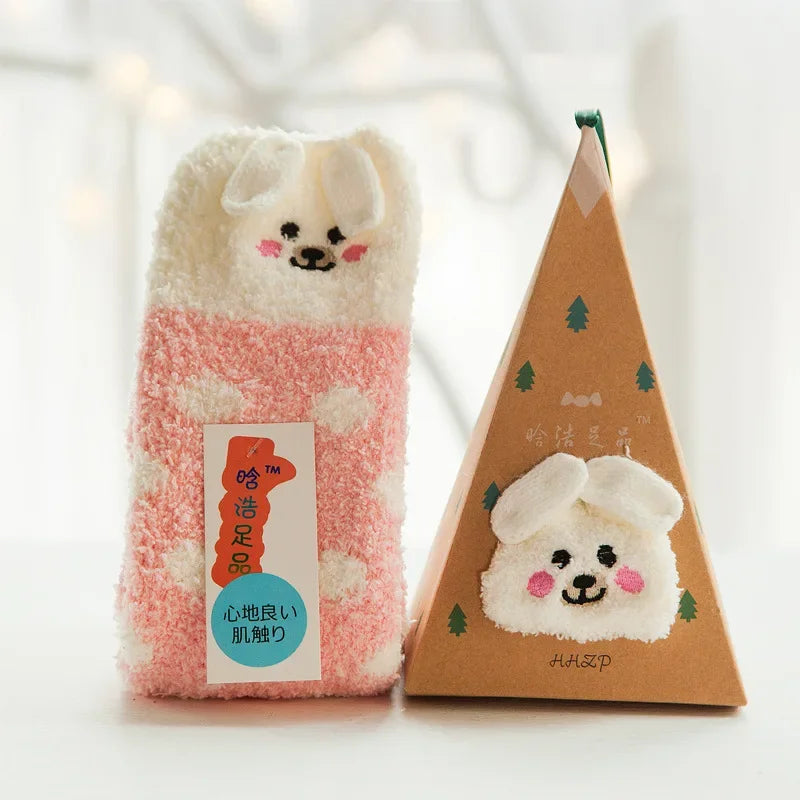 1 Pairs Box Christmas Socks Women Cute Thermal Fluffy Fuzzy Soft Velvet Thermo Sleep Sock Thick Warm Winter Socks New year Gift