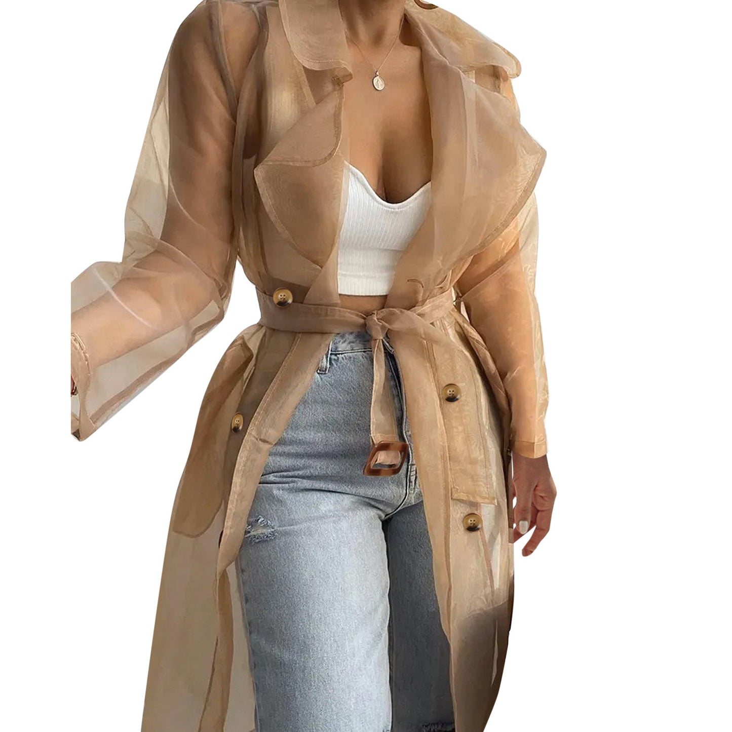 Women Organza See Though Sunscreen Long Sleeve Trench Summer Autumn Fashion Double Breasted Long Coat With Belted Tops Outwear