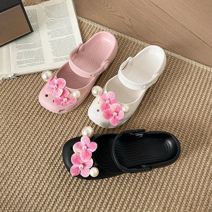 Clogs Summer Slippers Women Luxury Pearl Metal Flower Mary Janes Designer Ballet Shoes Girls Corc Charms Sandals Indoor Outdoor