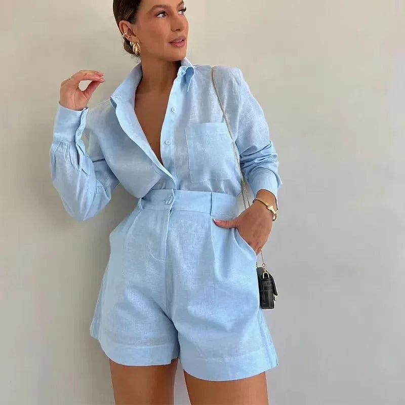 2026 New Women's Long Sleeve 2-Piece Set Casual Button Detail Shorts Outfit Shirt Top Summer Fashion Female Suit Y2k Clothing