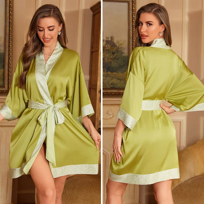 Navy Blue Print Flower Robe Nightgown Silk Satin Female Sleepwear Nightdress Spring Summer Loose Kimono Bathrobe Gown Home Wear