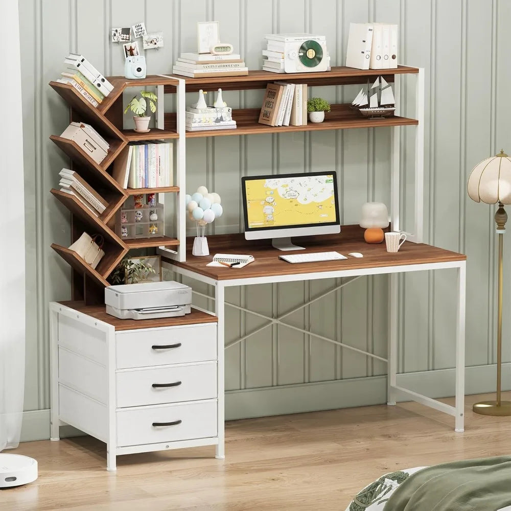 Computer Desk with Hutch, Home Office Desk with Drawers and Bookshelf, 52'' Study Writing Desk with Storage Shelves