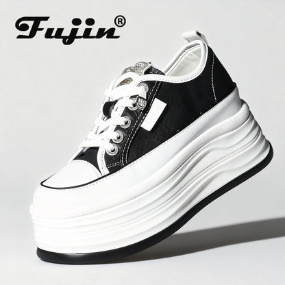 Fujin Casual Shoes For Woman Shoes on Platform Heel Shoes 9 cm 3 inch  White Comfortable High Heel Hidden Chunky Wedge Sneakers