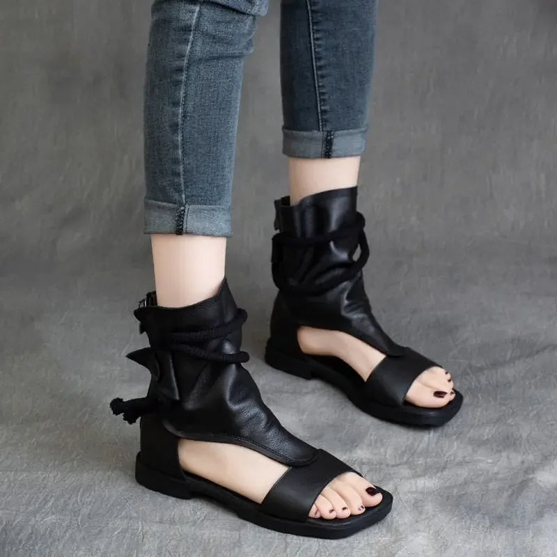 Birkuir High Top Open Toe Sandals For Women Summer Boots Luxury Hollow Out Beach Sandals Genuine Leather Flats Shoes Ladies