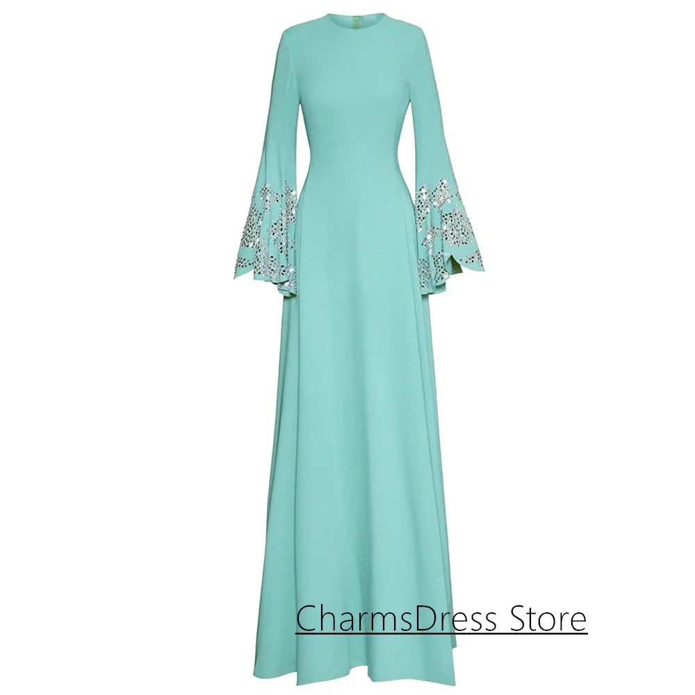 2026 Evening Dress فساتين سهرة Customized Batwing Sleeves Round Neck Crystal Stones A Line Saudi Arabian Prom Gown