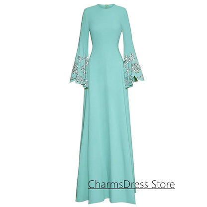 2026 Evening Dress فساتين سهرة Customized Batwing Sleeves Round Neck Crystal Stones A Line Saudi Arabian Prom Gown
