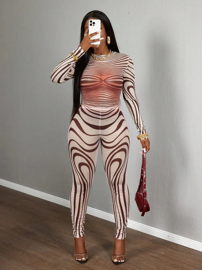 Sexy Sheer Mesh Zebra Print Bodycon Long Sleeve 2 Piece Set for Street Style Festivals Parties