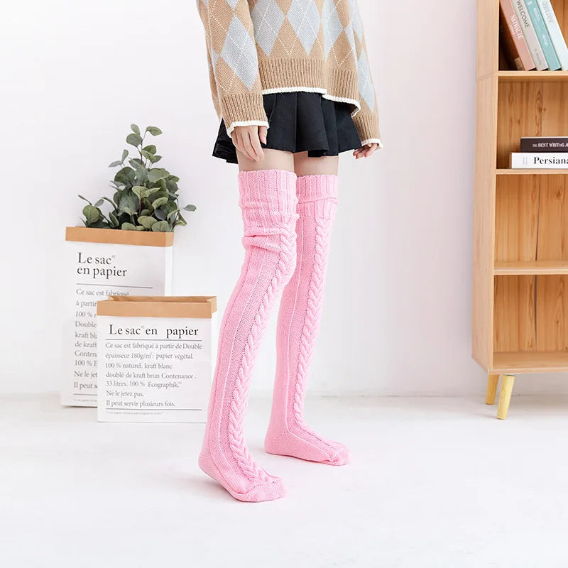 Women Winter Warm Breathable Long Johns Mohair Knee Length Knitted Wool Stretch High Sockings Femboy Leg Warmers Kawaii Clothes
