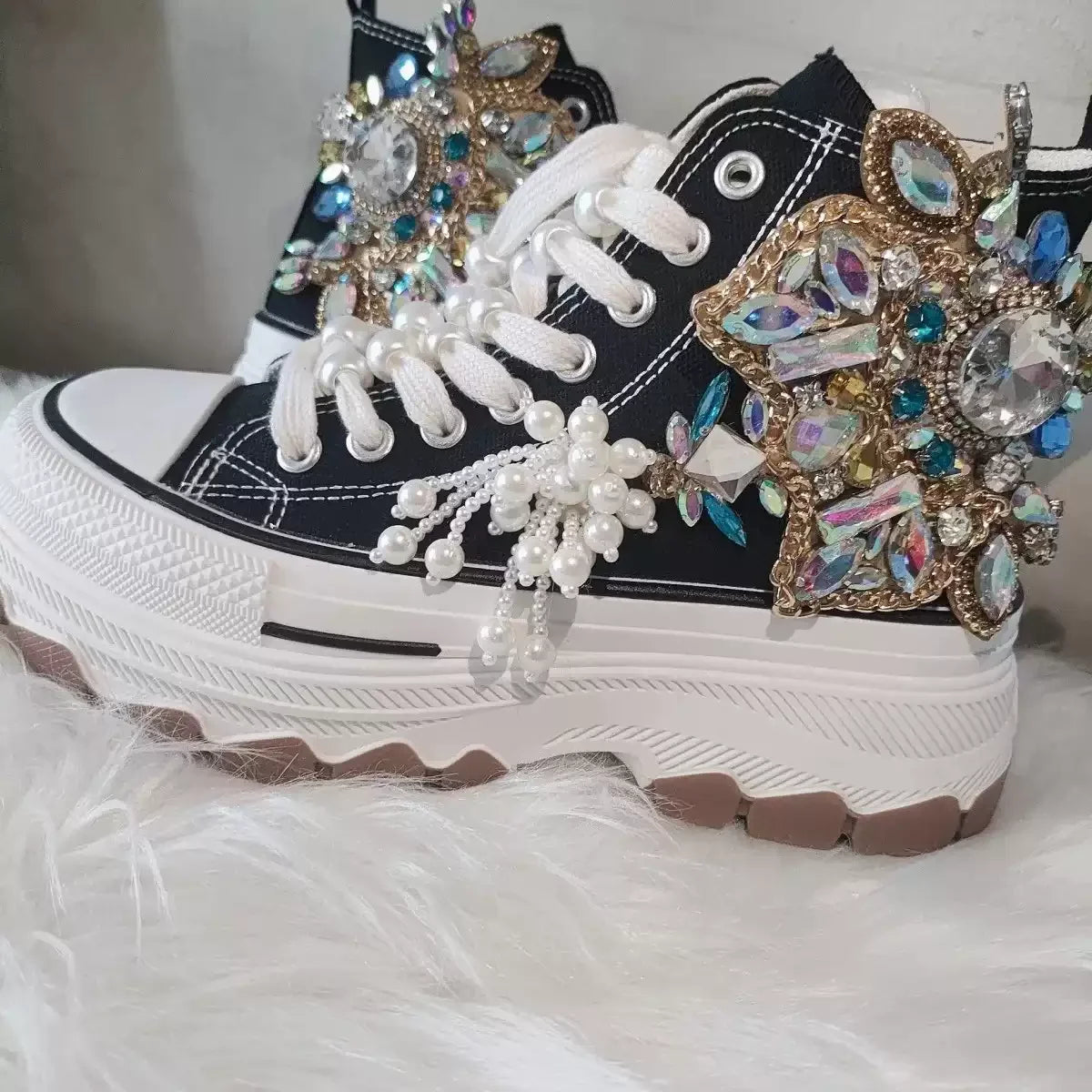 Thick-bottomed Canvas for Women Crystal Fringed High-top Platform Shoes Handmande Fashion 5cm High Heel  ADULT  Luxury Shoes
