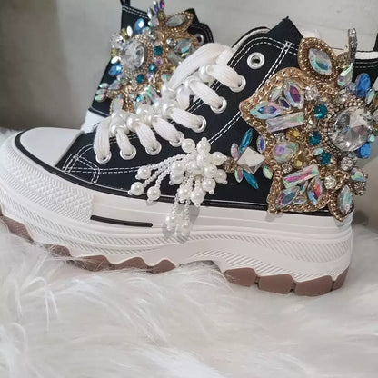 Thick-bottomed Canvas for Women Crystal Fringed High-top Platform Shoes Handmande Fashion 5cm High Heel  ADULT  Luxury Shoes