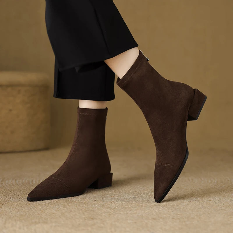 Autumn Vintage Suede Women Ankle Boots Ladies Concise Pointed Toe Thick Heel Short Botas Zapatos De Mujer