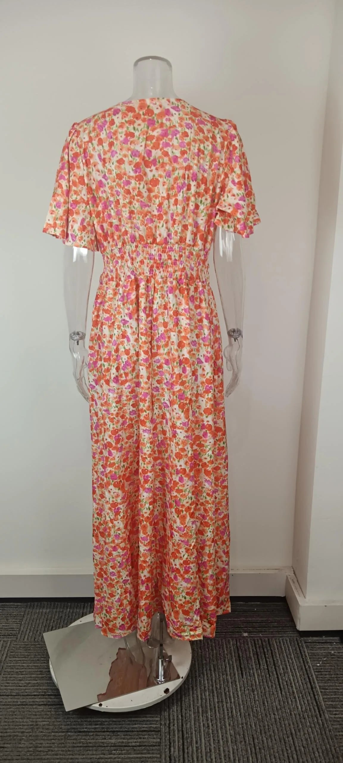 Summer Women Floral Print Casual Long Dress Fashion V Neck Short Sleeve Elegant Office Female Beach Party Maxi Dresses Robe