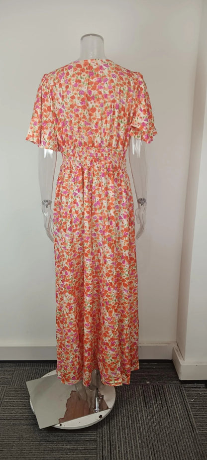 Summer Women Floral Print Casual Long Dress Fashion V Neck Short Sleeve Elegant Office Female Beach Party Maxi Dresses Robe
