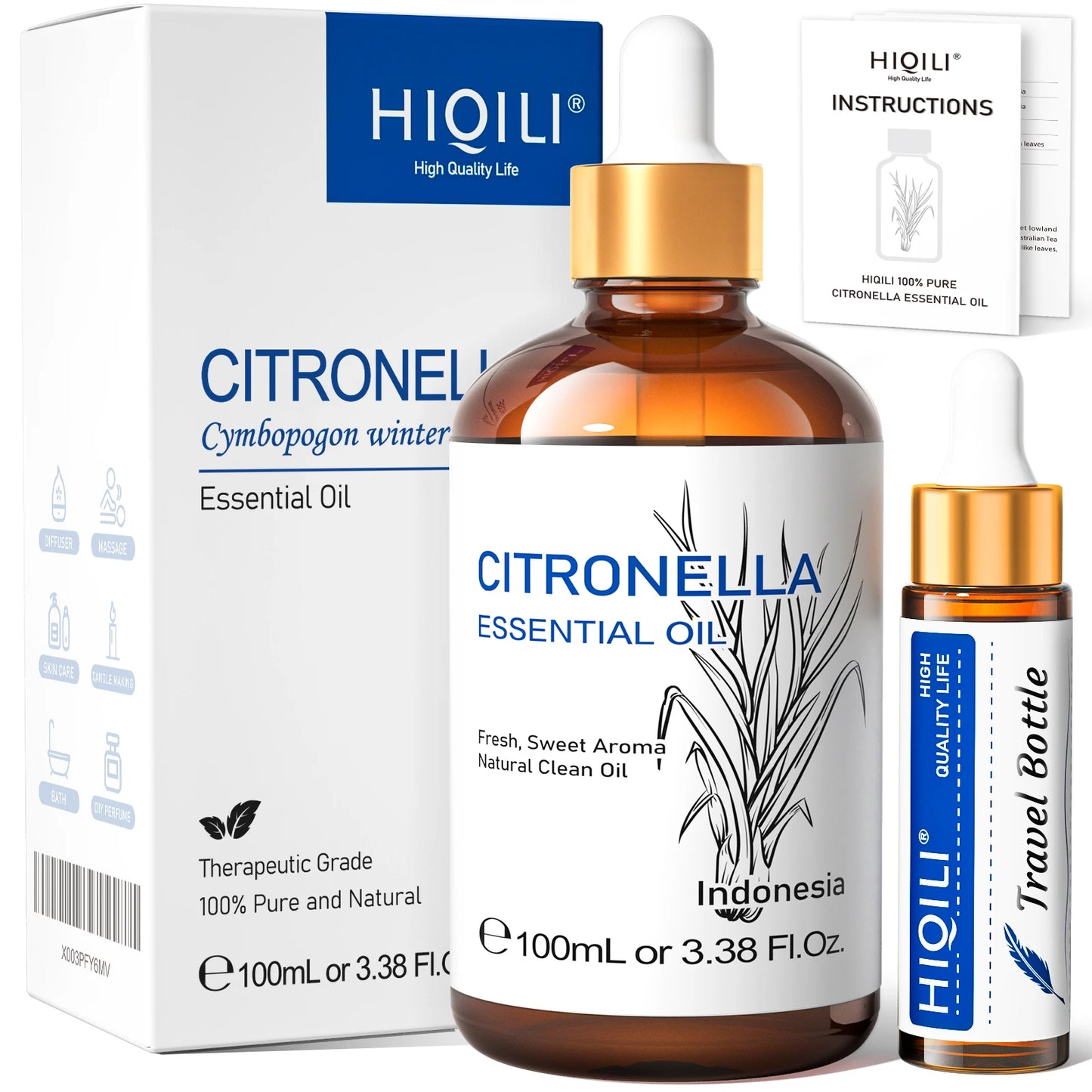 HIQILI Essential Oil Rose Geranium Lavanda Citronela Tea Tree vanille Body Oil Face Skin Care Massage 100ML/3.38fl.oz