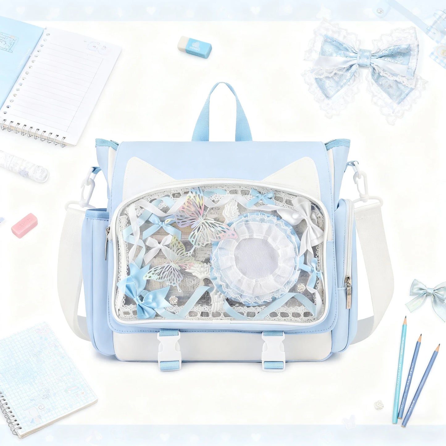 TINYAT Y2K Ita Bag Girl School Backpack Waterproof Transparent Shoulder Bag Women's Crossbody Bag DlY Display Cute Cat Ear