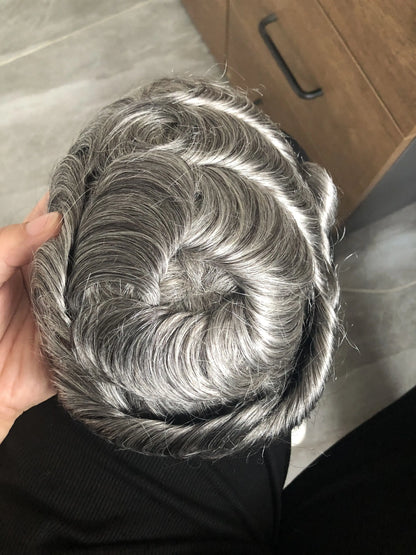Natural Hairline 1B65 Grey Old Man 100% Human Hair Wigs System Prosthesis Super Durable 0.1mm Strong PU Base Men Silicon Toupee
