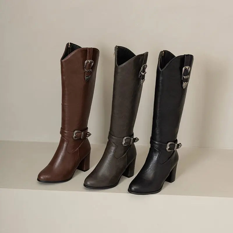 Girseaby British Style Women Knee High Boots Round Toe Block Heel 7.5cm Zipper Plus Size 51 52 Fashion Riding Bota