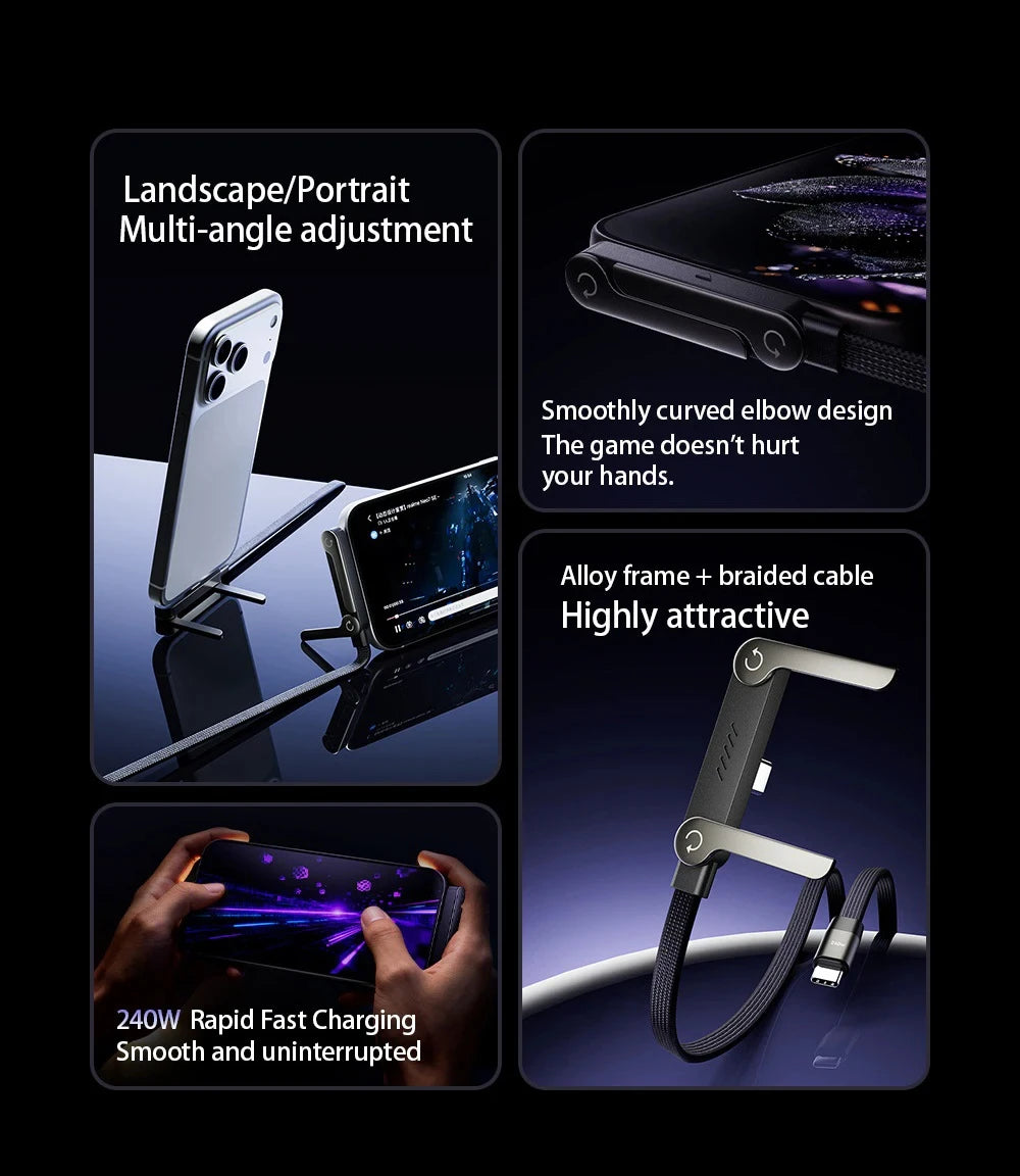 NNBILI 1/3Pcs 2-IN-1 Type-C Cable Foldable Mobile Phone Holder 240W Fast Charging Data Cable Multifunction Phone Charge Bracket