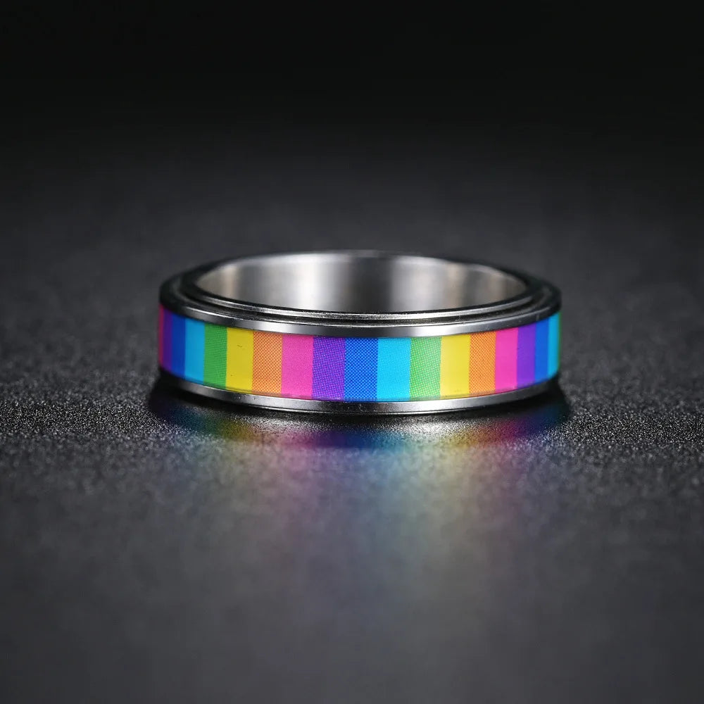 Rainbow Color Anxiety Rings For Women Men Stainless Steel Rotate Freely Fidget Spinning LGBT Pride Ring Accessories Jewelry