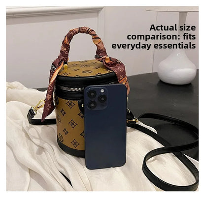 Stylish Printed Bucket Bag with Scarf Detachable Strap Shoulder Crossbody Bag for Women