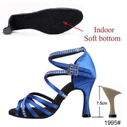 New Latin Dance Shoes Salsa Tango Ballroom Party Women's Shoes High Heeled Rhinestones Bronze Blue Girls Summer Sandals Outdoor