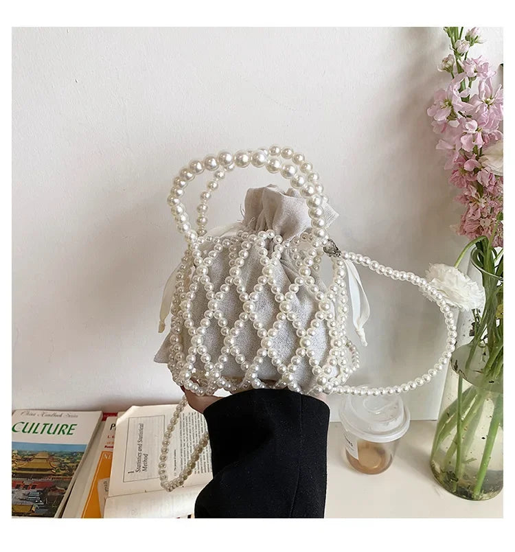 Women Pearl Bag Small Mini Tote Bucket Bag Woven Crossbody Hand Bags for Women Coin Purse Wallet Handbag Ladies Shoulder Bags