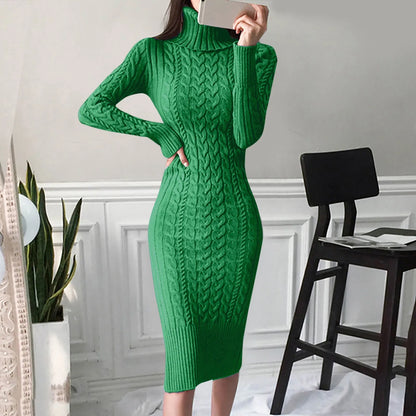 Autumn Winter Women Sweater Dresses Long Sleeve Turtleneck Dress Ladies Solid Color Knitted Bodycon Midi Dress Jumper Dresses