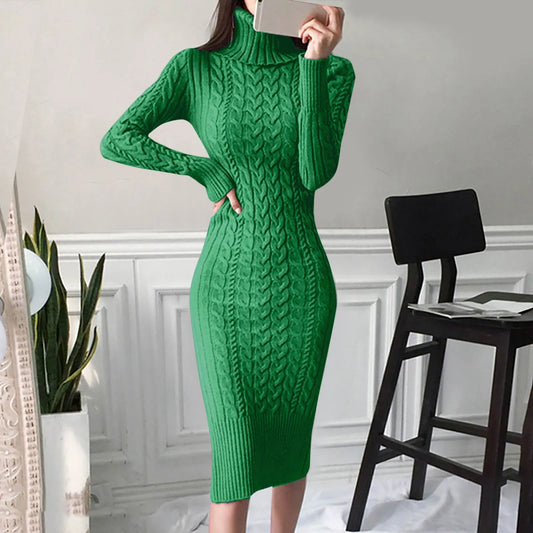 Autumn Winter Women Sweater Dresses Long Sleeve Turtleneck Dress Ladies Solid Color Knitted Bodycon Midi Dress Jumper Dresses