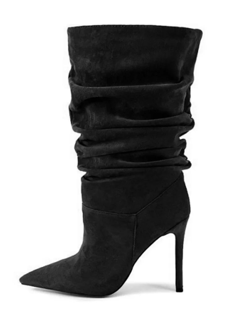 2025Women's Autumn and Winter New Pleated High-heeled Short Boots with Pointed Sleeves, Women's 35-47 Large Mid Length Boots