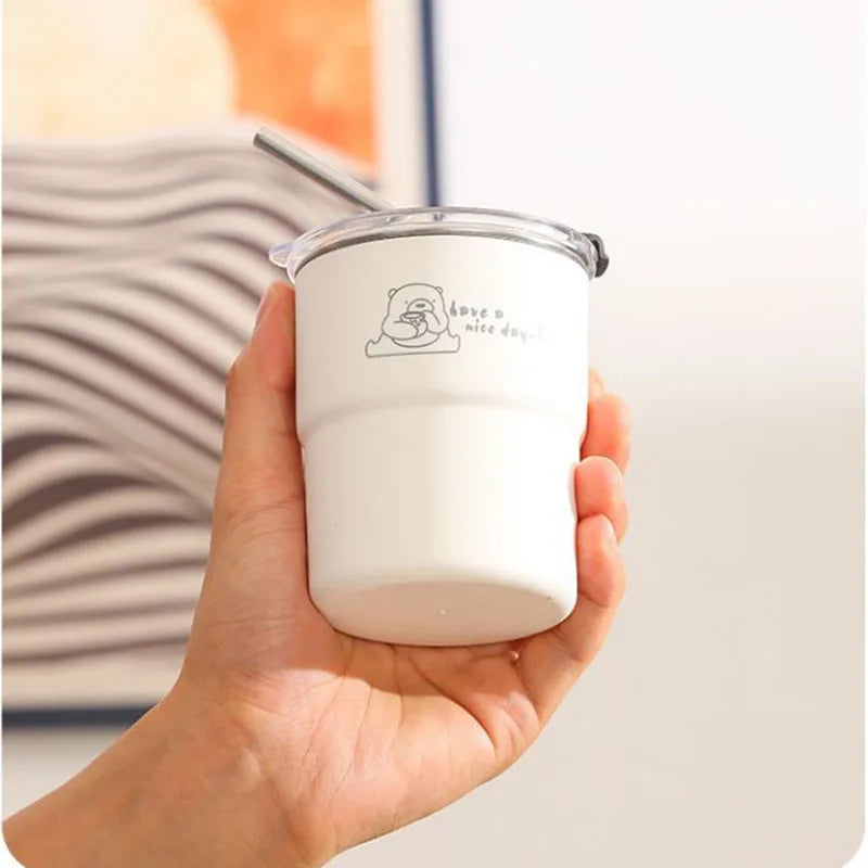 300ml Drinking Cup With Straw Portable Stainless Steel Coffee Cups Mug With Lid Heat Resistant Tea Cup Tumbler Travel Mug