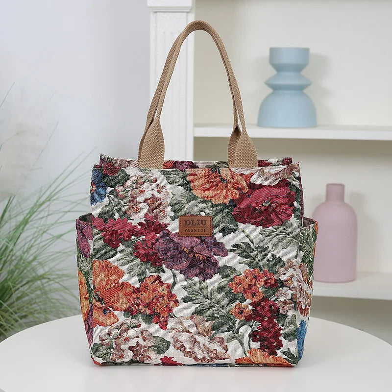 New Thickened Knitted Tote Bag, Floral Pattern Retro Large Capacity Handbag for Work  tote bag Shopping Daily Use School Commute