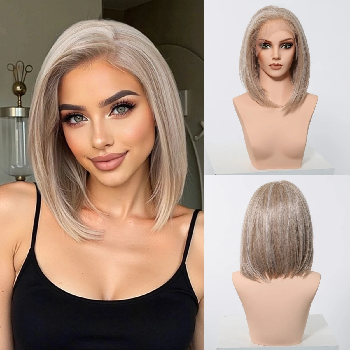 13*6 HD Lace Front Wigs Blonde Mixed Brown Synthetic Wigs For Women Daily Party Short Straight Natural Fake Hair Heat Resistant
