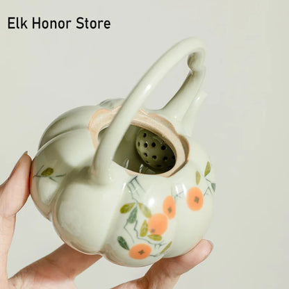 140ml Pure Hand-painted Persimmon Lifting Beampot Retro Plant Ash Pumpkin Pot Chinese Tea Soaking Kettle with Filter Kung Fu Tea