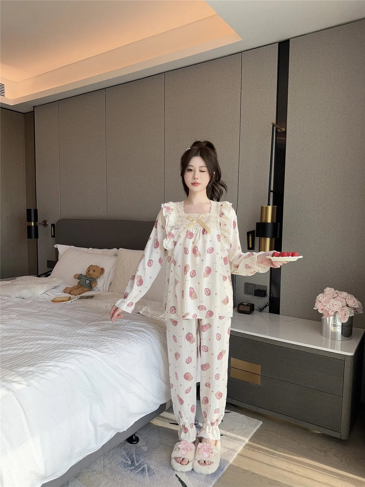 Lady Sweet Style Y2k Cartoon Women's Pajamas Bubble Cotton Bow Square Neck Female Nightgown 2024 Autumn New Youth Chic Sleepwear