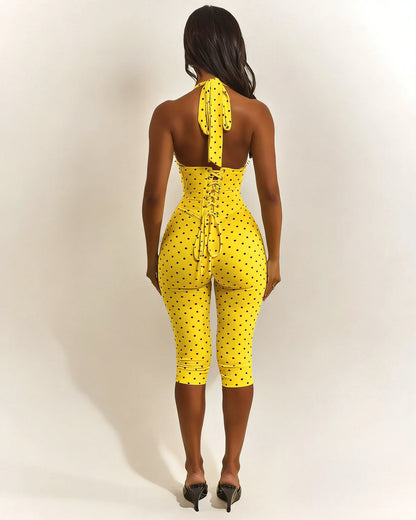 FAGADOER Sexy Polka Dot Print Bodycon Jumpsuits Woman Halter Deep V-neck Backless Rompers Female Streetwear Overalls 2026 New