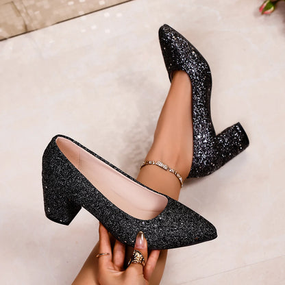 Sequin Black and Silver Pointed Toe High Heels Women's Evening Party Wedding Runway Fashion Chunky Heel Women's Shoes Exquisite Eye-Catching Retro Elegant Shallow Mouth Single Shoes