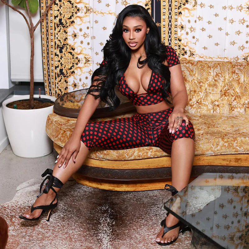 FAGADOER Sexy Woman 3 Piece Set Outfit Polka Dot Print Patchwork Short Sleeve Crop Top and Pants Matching Female Streetwear New